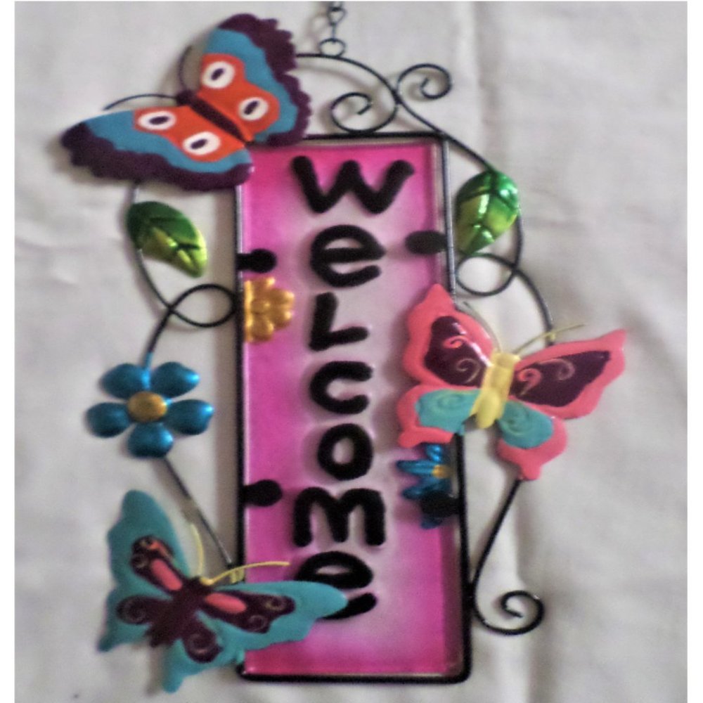 indoor/outdoor WELCOME sign pink butterflies
